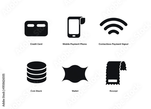 Minimalist Payment Method Icons Set Credit Card Mobile Wallet WiFi Cloud Database