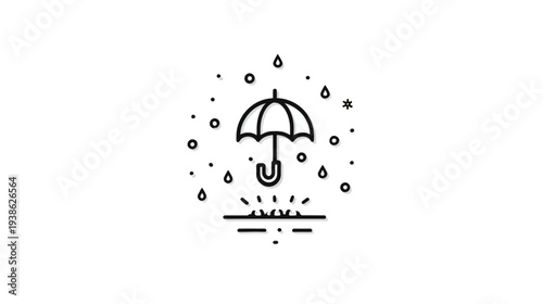 A simple black and white graphic depicting a rain scene with an umbrella over a puddle