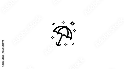 A whimsical black outline of an open umbrella with sparkle-like elements, on a plain white background