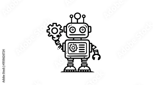 A cartoon robot with gears. Black and white outline, holding a gear, on a plain background