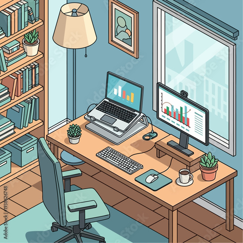 A cozy and organized home office setup featuring a laptop, desktop monitor, keyboard, mouse, and a comfortable chair, bathed in natural light from a large window.