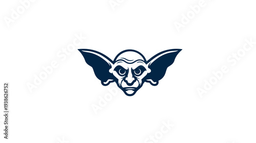 A dark blue grotesque goblin head with large ears on a white background