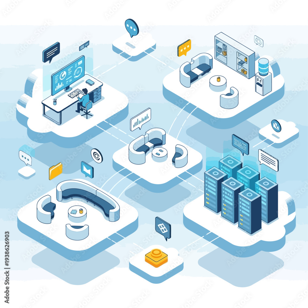 Obraz premium Isometric illustration of a cloud-based business network connecting various departments, including IT operations, server infrastructure, and collaborative office spaces.