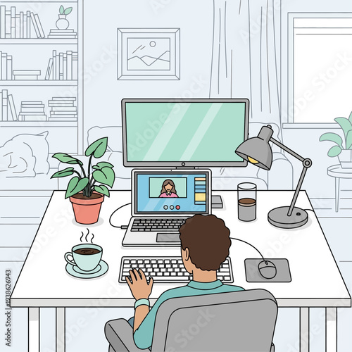 A person working remotely from home, participating in a video conference call on their laptop, with a large monitor and desk setup.