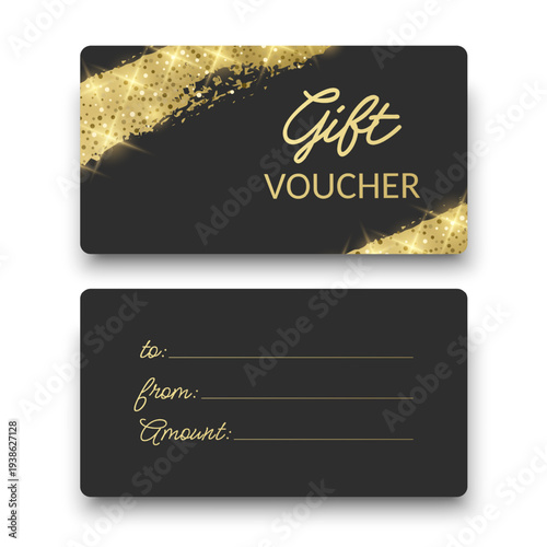 Gift voucher template with a dark gray background and shimmering gold glitter texture. Features "Gift VOUCHER" gold glitter brush stroke with bright sparkles and lens flares