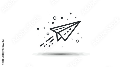 A black and white illustration of a paper airplane flying with simple shapes around it