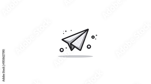 A cartoon-style illustration of a white paper airplane with a dark outline, and small circular details