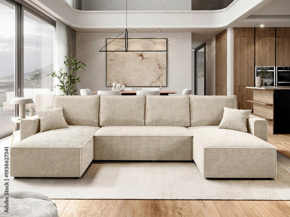 Fototapeta premium Modern luxury apartment interior in minimal scandinavian style, 3d rendering
