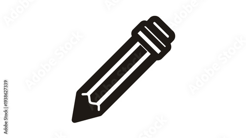 A black and white illustration of a writing instrument angled across the frame