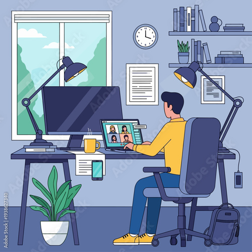 A person working from home, participating in a video conference call on their laptop, with a computer monitor, desk lamp, and plants in the room.