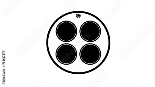 A black and white circular design features four interior circles, details in a minimal style