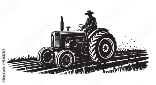 Vintage Tractor Silhouette, farmer driving through field, black vector illustration, high-quality professional design, rural agriculture and farming concept isolated