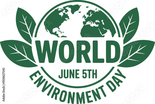 World Environment Day June 5th Typography with Dark Green Earth Globe and Leaf Wings for Ecology and Nature Conservation Awareness
