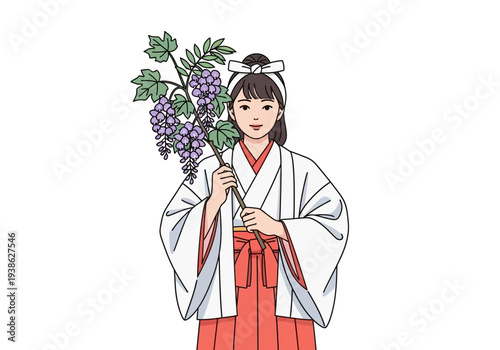 Young Japanese Woman in Traditional Clothing Holding Grapes.