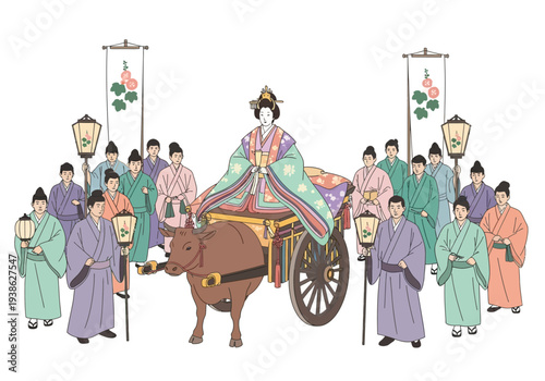 Ancient Japanese Royal Procession with Ox-Drawn Cart and Attendants.