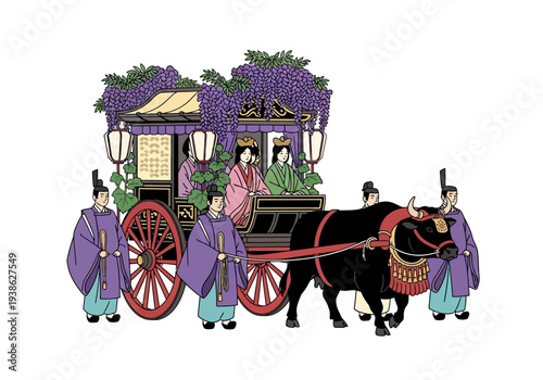 Ancient Japanese Ox Cart Procession with Figures in Traditional Attire.