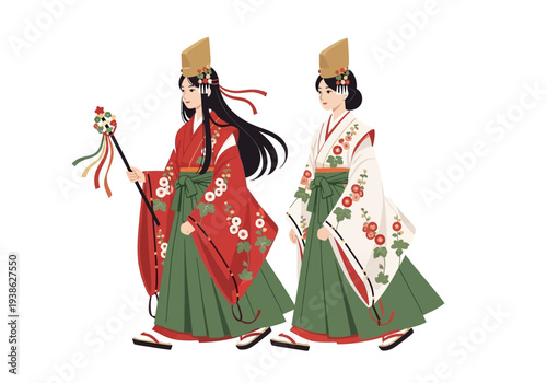 Two Japanese women in traditional kimonos and headdresses walking.
