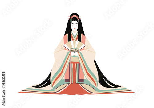 Elegant Japanese Woman in Traditional Kimono Holding Fan.