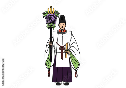 Japanese Shinto Priest in Traditional Ceremonial Attire Holding a Sacred Object.