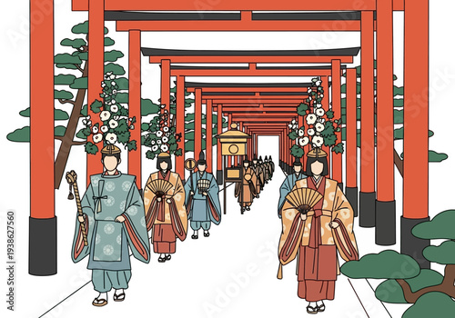 Japanese Shinto procession with people in traditional attire.