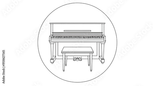 A detailed line drawing of a grand piano and bench within a circular frame on a white background