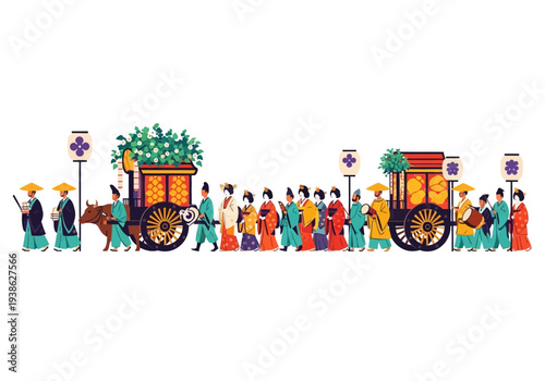 Traditional Japanese Festival Parade with Carts and People.