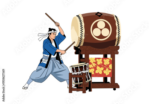 Japanese man playing traditional taiko drums with energy and focus.