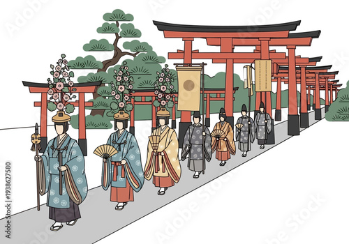 Japanese Shinto Priests Procession Through Torii Gates.