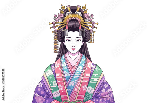 Japanese Empress in Traditional Kimono and Elaborate Headdress.