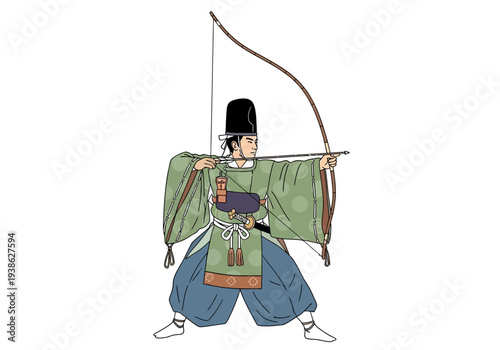 Japanese Archer in Traditional Attire Aiming Bow and Arrow.