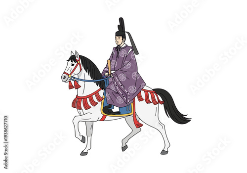 Ancient Japanese Emperor Riding a White Horse in Traditional Attire.