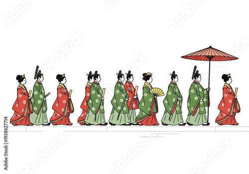 Ancient Japanese Imperial Procession with Elaborate Kimonos.