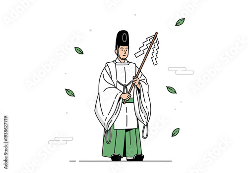 Japanese Shinto Priest in Traditional Attire Holding a Sacred Wand.