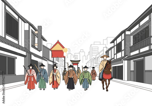 Group of people in traditional Japanese attire walking down a street.