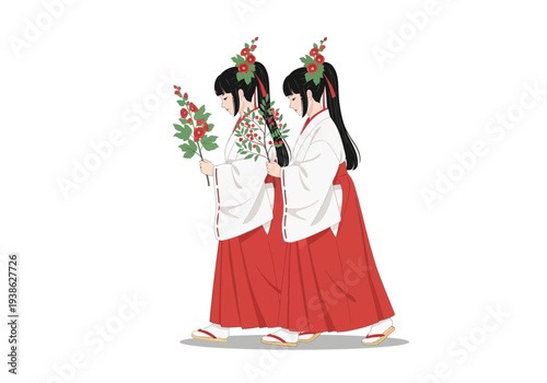 Two Japanese women in traditional kimono holding flowers.