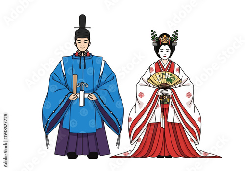 Traditional Japanese Imperial Couple in Ancient Attire.