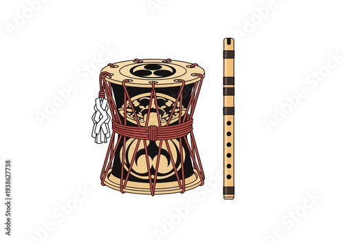 Traditional Japanese Drum and Bamboo Flute Musical Instruments.