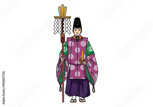 Illustration of a Japanese Shinto priest in traditional attire holding a ritual staff.