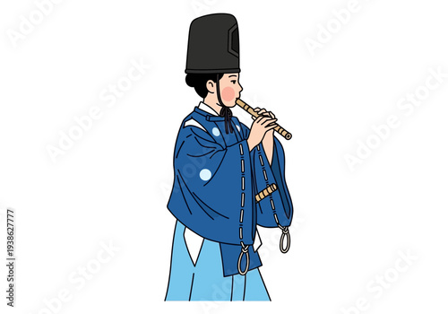 Japanese man in traditional blue attire playing a flute.