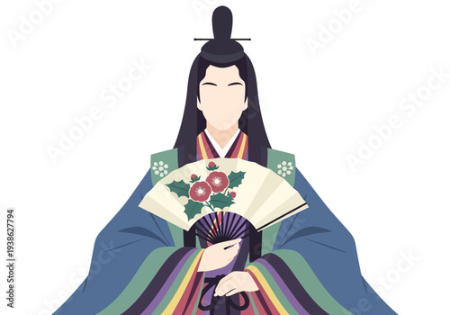 Japanese Emperor and Empress Traditional Attire Holding Fan.