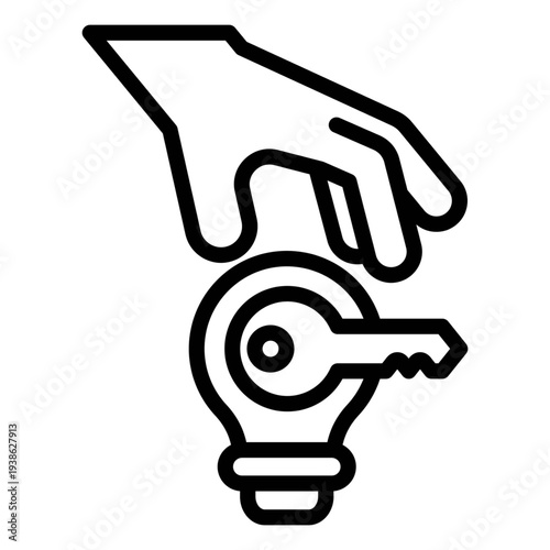 A hand holding a key inserted into a light bulb, symbolizing a creative solution or innovative idea, vector illustration.