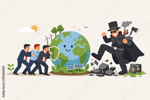 ESG Environmental Social and Corporate Governance concept with business people protecting a smiling Earth globe with a shield from a villain representing pollution, industry, and destruction.