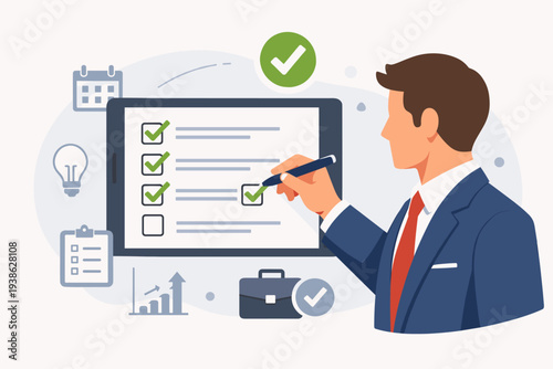 Businessman in Suit Checking Off Tasks on Digital Tablet Screen with Stylus. Concept of Productivity, Project Management, Planning, and Task Completion. Professional Business Workflow Illustration.