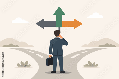 Businessman in a suit standing at a crossroads with three directional arrows, contemplating a difficult decision about his career path, future opportunities, and strategic business direction.