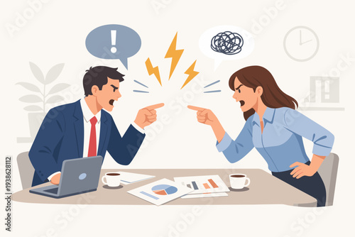 Professional business man and woman having a heated argument in the office. Conflict, disagreement, and debate during meeting with documents and laptop. Toxic work environment and stress concept.