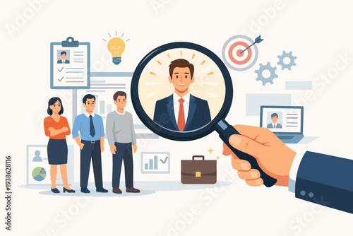 Recruitment and Human Resources Concept with Hand Holding Magnifying Glass to Find the Best Candidate for Job Vacancy, Talent Acquisition, Hiring Process, and Employee Selection Vector Illustration