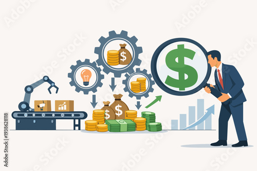 Businessman analyzing cost effectiveness and profit optimization using magnifying glass, gears, and conveyor belt. Concept of reducing expenses, maximizing quality, and business growth strategy.