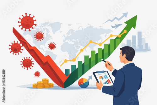 Economic V-shape recovery after Coronavirus COVID-19 crash concept. Businessman professional analyzing global market growth with financial charts, world map, and rising green arrow vector art.