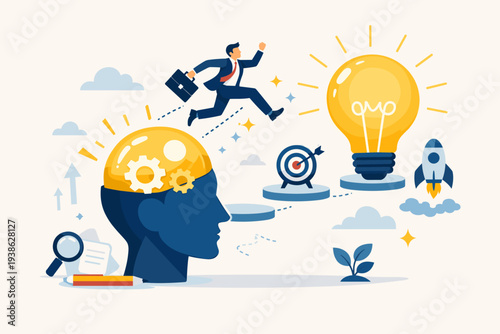 Businessman Jumping Towards a Large Glowing Lightbulb Representing Creative Business Ideas, Innovation, and Brainstorming Success with Human Mind Profile, Gears, Rocket, and Target Vector Concept