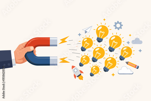 Businessman hand holding a large horseshoe magnet attracting light bulbs and creative icons, representing the power of imagination to attract new ideas, innovation, and business success concept.